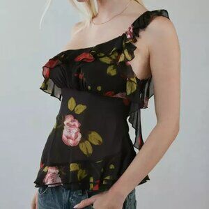 Urban Outfitters Black Floral One-Shoulder Blouse